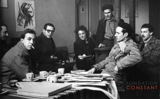 acques Doucet, Constant Nieuwenhuys, Christian Dotremont, Denise Atlan, Jean-Michel Atlan, Corneille and Karel Appel in studio of Jean Michel Atlan in Paris, 1949