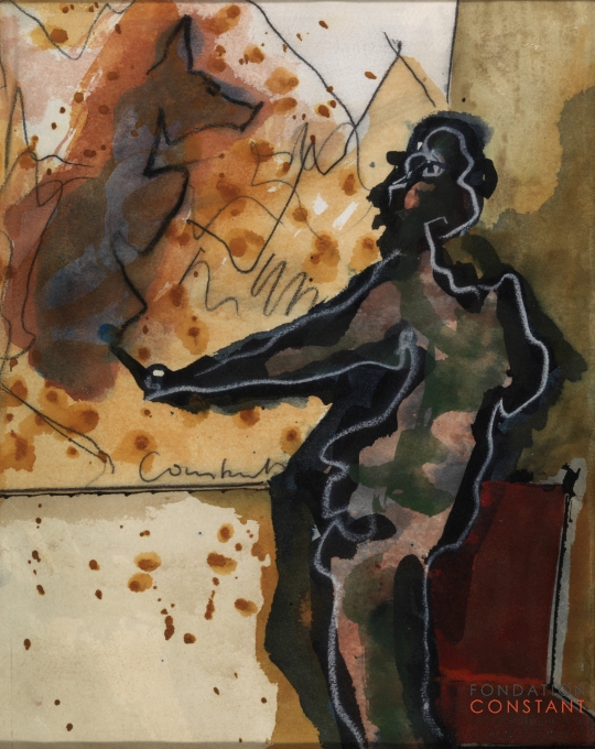 Constant Nieuwenhuys-Schilder die een hond tekent, 1977