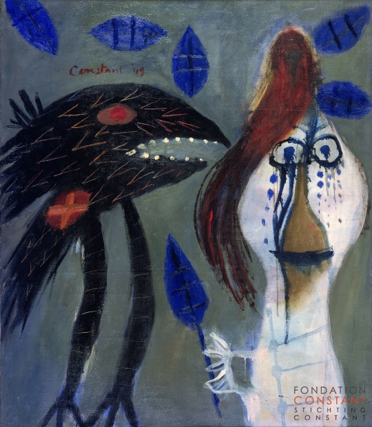 Constant Nieuwenhuys-Femme qui a blessé un oiseau avec une feuille mort, 1949