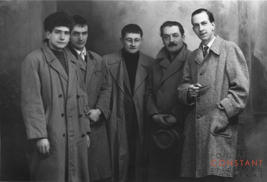 Walter Olmo, Piero Simondo, Guy Debord, Pinot Gallizio and Constant Nieuwenhuys in Alba, 1956