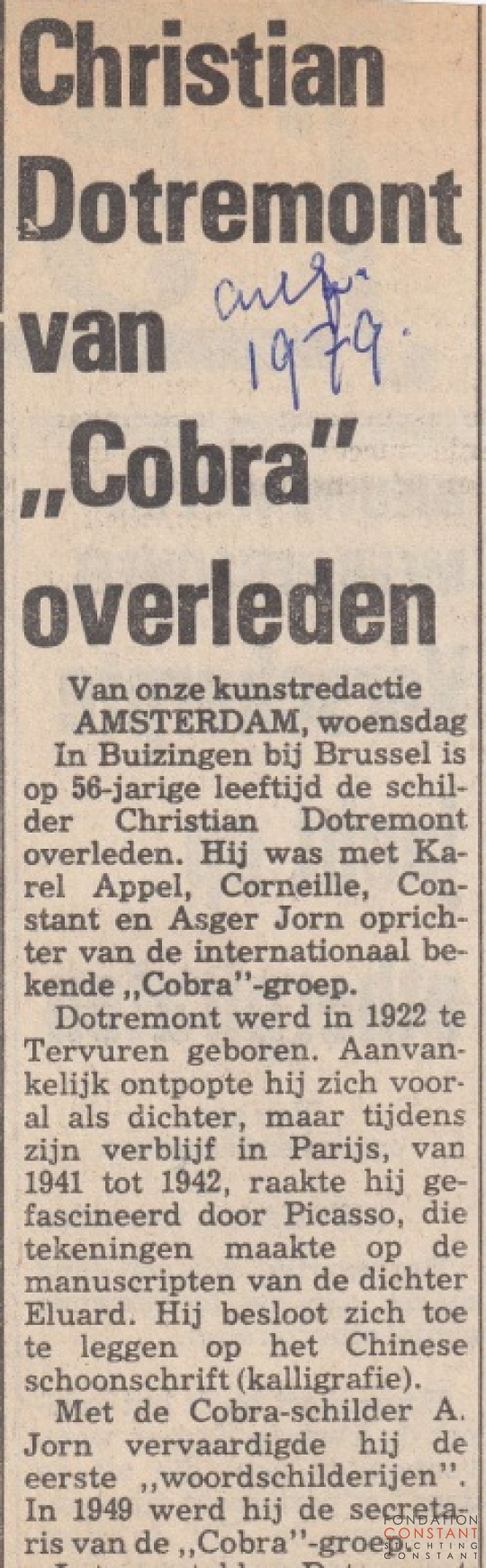 Christian Dotremont van ,,Cobra'' overleden