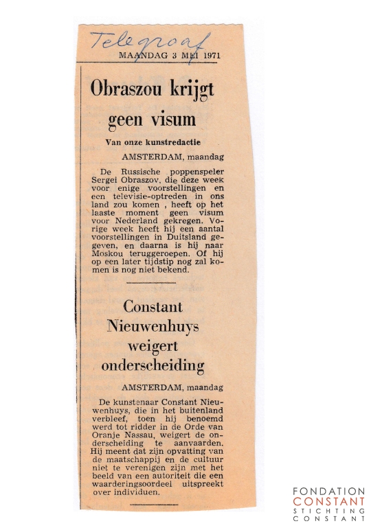 Constant Nieuwenhuys weigert onderscheiding