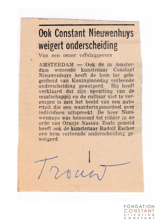 Ook Constant Nieuwenhuys weigert onderscheiding