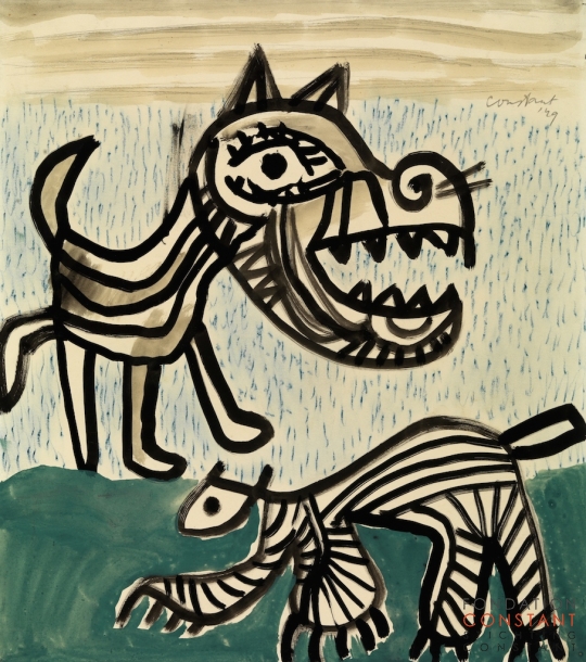 Constant Nieuwenhuys-Twee dieren in groen landschap, 1949
