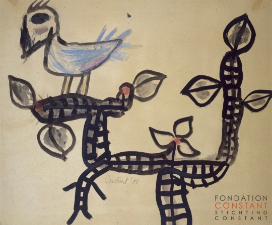Constant Nieuwenhuys-Vogel op tak, 1950