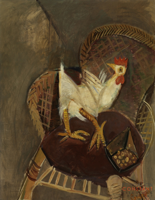 Constant Nieuwenhuys-Haantje op rieten stoel, 1946