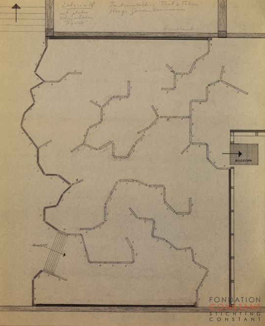Constant Nieuwenhuys-Bouwtekening Labyrinth voor tentoonstelling Taal en Teken, ca 1965