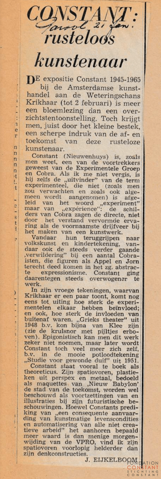 1965 Constant, rusteloos kunstenaar-Parool, 21 jan