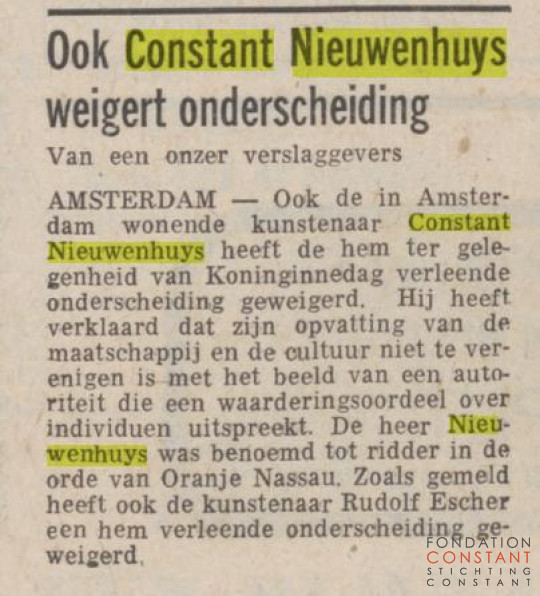 19710503 Ook Constant Nieuwenhuys weigert onderscheiding- Trouw