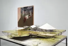 View of “Constant,” 2015–16. Foreground- Grote gele sector (Large Yellow Sector), 1967. Background- Entrée du labyrinth (Entrance to the Labyrinth), 1972.