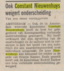 19710503 Ook Constant Nieuwenhuys weigert onderscheiding- Trouw