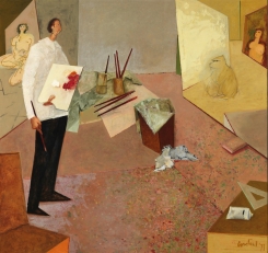 Constant Nieuwenhuys-Schilder in zijn atelier, 1977