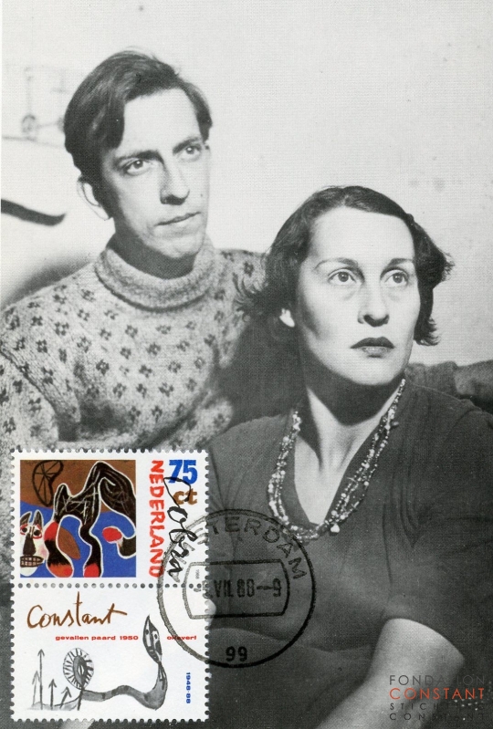 Constant and his second wife Nellie Riemens with stamp by Jan Bons, 1949