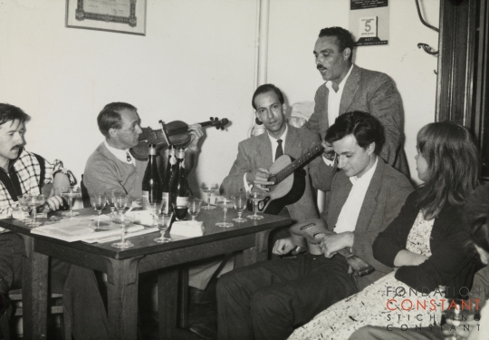 Gil Wolman, Asger Jorn, Constant, Bruno and Calonne in restaurant Bruno, 1956