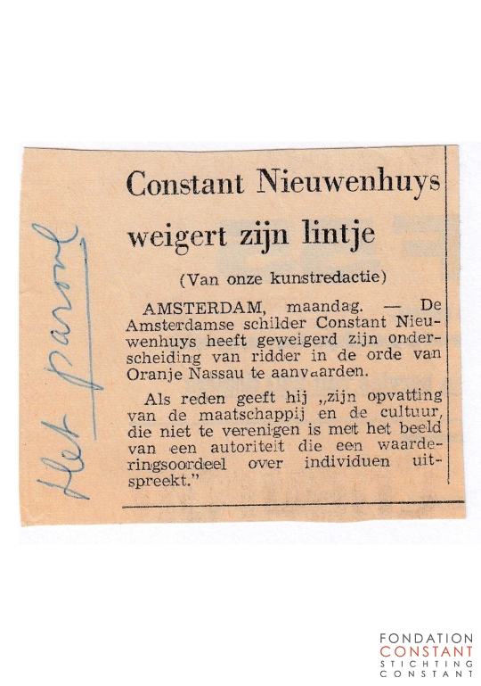 Constant Nieuwenhuys weigert zijn lintje