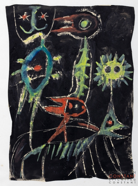 Constant Nieuwenhuys-Zonder titel/Figuur, drie dieren en een bloem, 1948