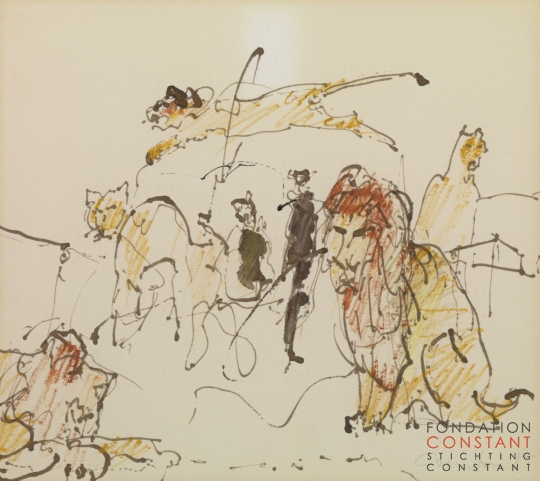 Constant Nieuwenhuys-Circusnummer met leeuwen, ca 1979