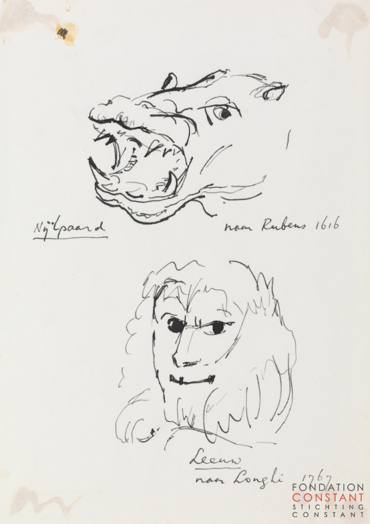 Constant Nieuwenhuys-Nijlpaard naar Rubens (1616) en Leeuw naar Longhi (1767), 1975 ca
