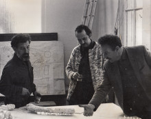 Haber, Constant and Volten standing next to a macquette