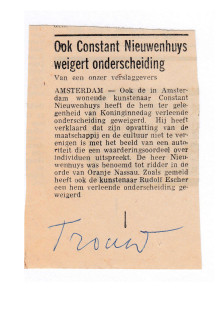 Ook Constant Nieuwenhuys weigert onderscheiding